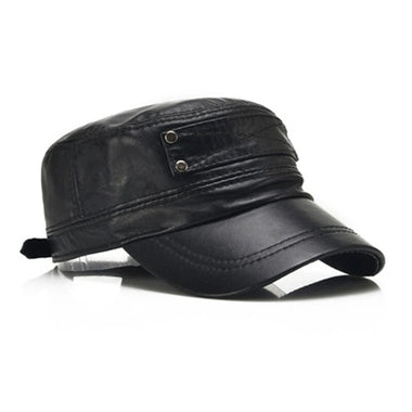 Collrown Genuine Sheepskin Leather Cap Men's Flat Cap Adjustable Outdoor Casual Black Caps for Spring Fall