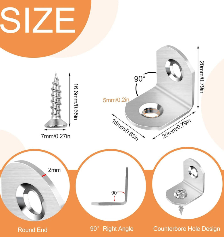 40/16Pcs L Bracket Stainless Steel 90 Degree Corner Braces with Screws for Shelves Furniture Reinforcement and Woodworking