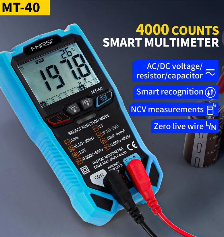 FNIRSI MT-40 Smart Digital Multimeter True RMS Auto Range 600V High Precision with Backlit LCD Diode Testing Overload Protection
