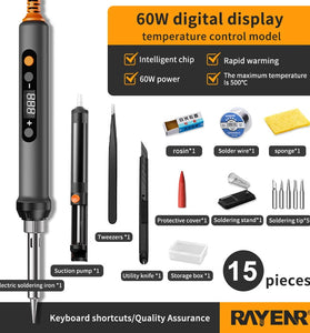 15 in 1 Rayenr Digital Soldering Iron 60W Temperature Control Ceramic Heating Rapid Heating 1.2m Cord Soldering Kit