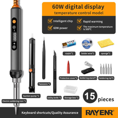 15 in 1 Rayenr Digital Soldering Iron 60W Temperature Control Ceramic Heating Rapid Heating 1.2m Cord Soldering Kit