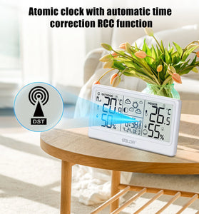 BALDR 8.5" LCD Screen Weather Station RCC Alarm Clock Digital Temperature Humidity Meter Weather Forecast Calendar Moon Phases Wireless Forecast Sensor