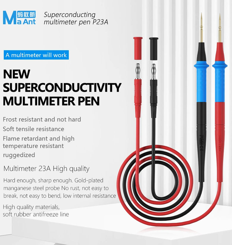 MA ANT P23A Multimeter Test Lead Set 1000V 23A 316 Stainless Steel Silicone Wire Detachable Tips