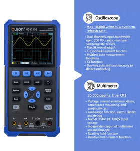 OWON HDS2202/HDS2202S 2CH Handheld Oscilloscope 200MHz Bandwidth 20000 Counts Multimeter OSC + DMM + Waveform Generator 3 in 1 Suitable for Automobile Maintenance and Power Test HDS2202 HDS2202S