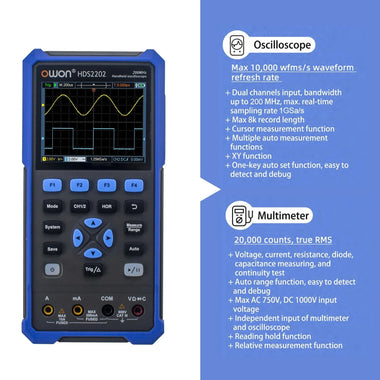 OWON HDS2202/HDS2202S 2CH Handheld Oscilloscope 200MHz Bandwidth 20000 Counts Multimeter OSC + DMM + Waveform Generator 3 in 1 Suitable for Automobile Maintenance and Power Test HDS2202 HDS2202S