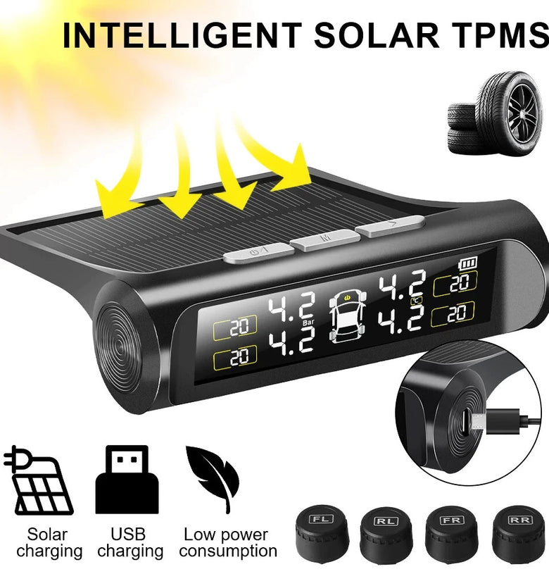 Wireless Car TPMS Tire Pressure Monitoring System External Sensor Solar Power Auto Security Alarm Systems Tire Pressure Digital LCD Display