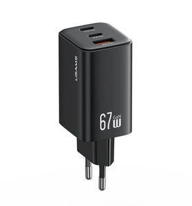 [GaN Tech] USAMS CC265 67W 3-Port USB Charger 2USB-C+USB-A Fast Charging Wall Charger Adapter EU Plug for iPhone 16 16 Pro 15 14 13 Pro Max for Xiaomi 15pro for Samsung Galaxy S25 Ultra