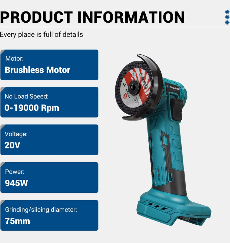 Brushless Motor Cordless Angle Grinder 20V 945W 0-19000 RPM Variable Speed 75mm Grinding Slicing Tool for Wood Metal Ceramic Plastic Edge