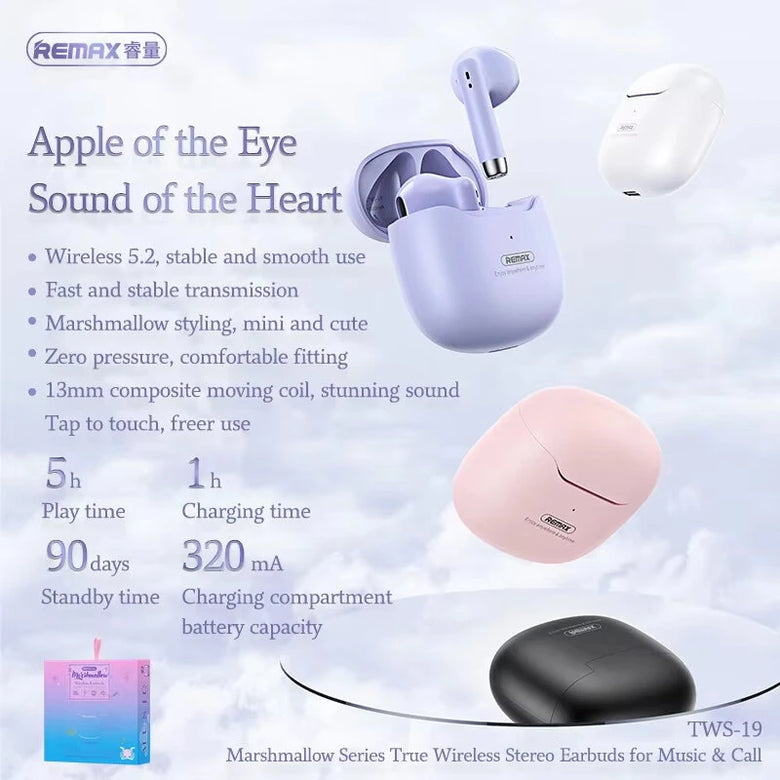 REMAXTWS-19 TWS Earbuds bluetooth Earphone 13mm Copper Coils Bass 25H Playback Low Game Delay Semi-in-ear Sports Headphones