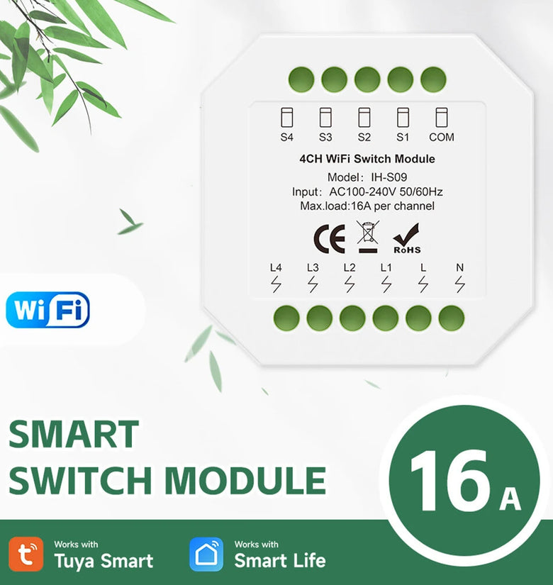 IH S09 1-4CH 16A WiFi Smart Switch Module Support Timing Function for Home Automation Tuya Smart Life APP Voice Control Works with Alexa Google Home