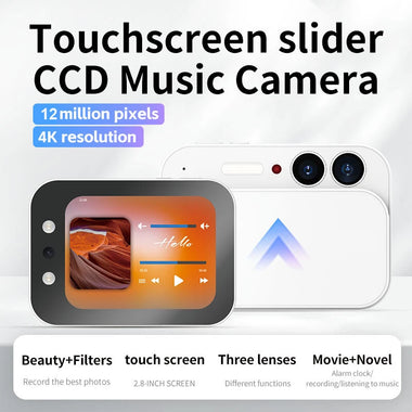 DC107 CCD 12MP HD Sliding Cover Digital Camera 4K Video Recording 2.8 Inch Touch Screen Beauty Selfie 3600mAh Battery OTG Triple Lens Camera System