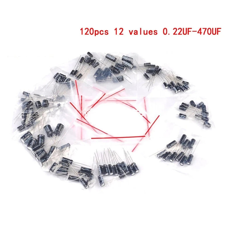 Electrolytic Capacitor Assortment Kit 12 Values 0.22F to 470F 120 Pcs Radial Lead 16V-50V 105C for Electronic Projects and Repairs High Stability Low Leakage