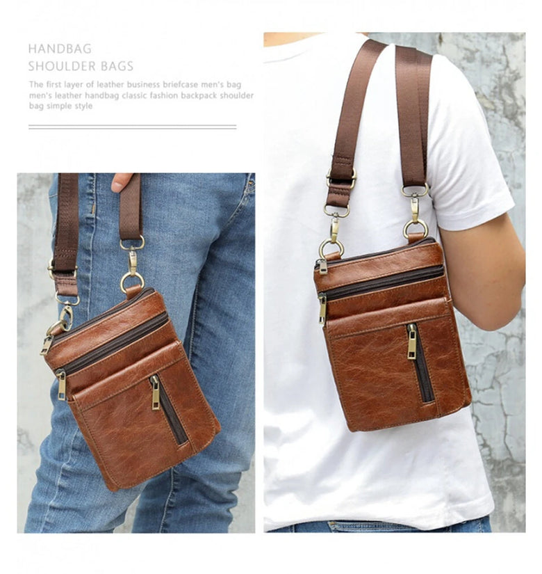 Ekphero Men Vintage Genuine Leather Shoulder Bag Small Messenger Bags Large Capacity Business Casual Crossbody Bag