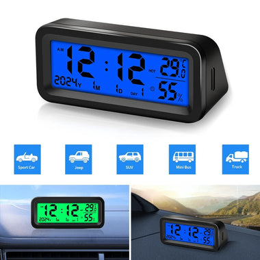 Solar Car Digital Clock Date Week Temperature Humidity LCD Backlit Display for Dashboard Car Clock Automobiles Internal Stick-On