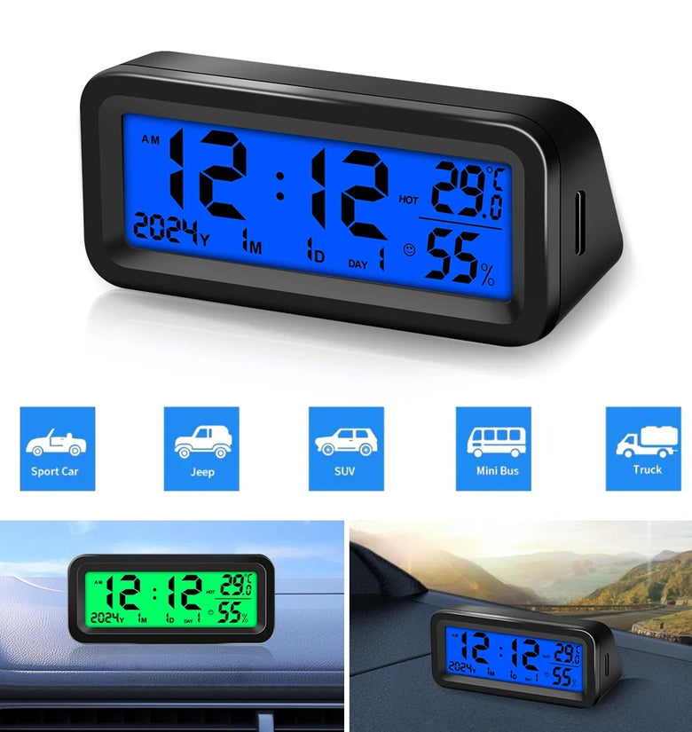 Solar Car Digital Clock Date Week Temperature Humidity LCD Backlit Display for Dashboard Car Clock Automobiles Internal Stick-On