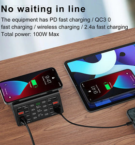100W 8-Port USB PD Charger 4USB-A QC3.0+4USB-C PD3.0 Fast Charging Desktop Charging Station with 15W 10W 7.5W 5W Wireless Charger Pad EU Plug US Plug for iPhone 12 13 14 14Pro for Samsung Galaxy S23 for Oppo Reno9 for Redmi K60