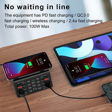 100W 8-Port USB PD Charger 4USB-A QC3.0+4USB-C PD3.0 Fast Charging Desktop Charging Station with 15W 10W 7.5W 5W Wireless Charger Pad EU Plug US Plug for iPhone 12 13 14 14Pro for Samsung Galaxy S23 for Oppo Reno9 for Redmi K60