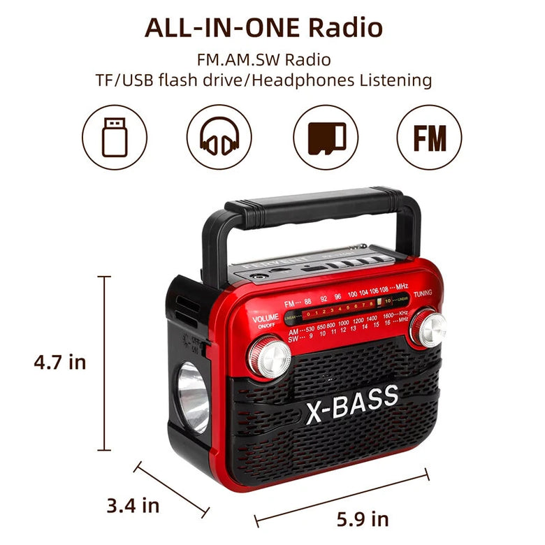 X-BASS Handheld Radio FM AM SW Radio Built-in Magnetic Speaker Support USB BT TF Headphone Music Player with Multi-band Household Flashlight Indoors Outdoors Use