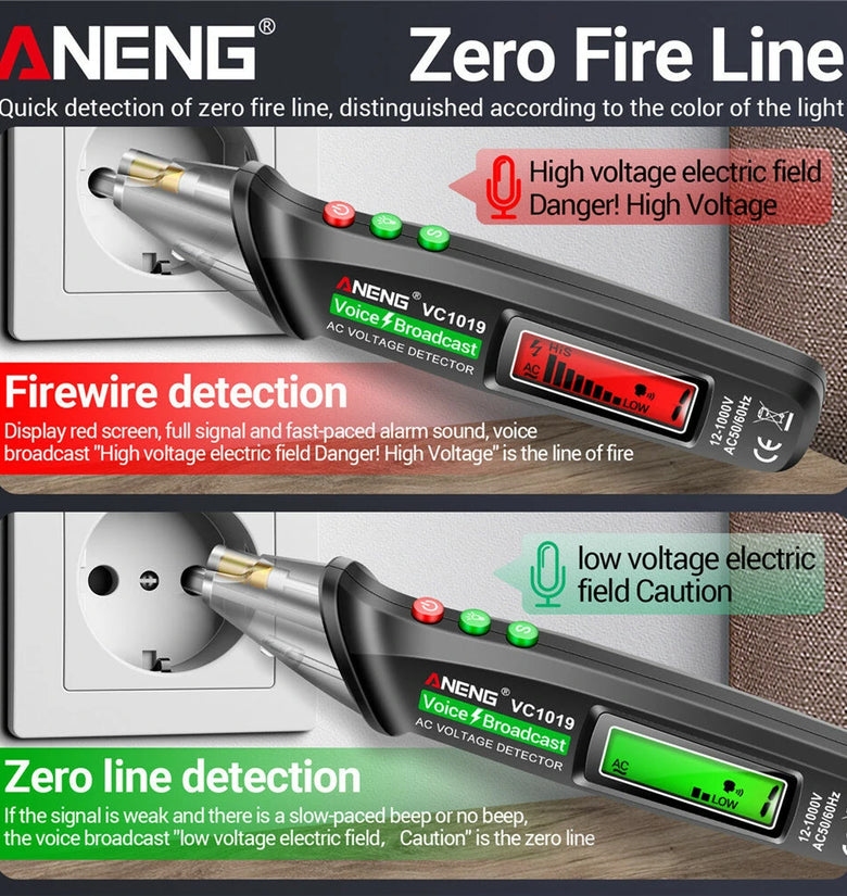 ANENG VC1019 Red Laser Test Pen Voice Broadcast Voltage Detector 12-1000V Volt Current Non-Contact Pen Electric Teste Meter Tool