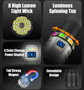 BIKIGHT Super Bright 8 LED Flashlight USB Rechargeable Lamp with Magnet, Gyroscope Rotation Design Torch Outdoor Camping Powerful Lantern