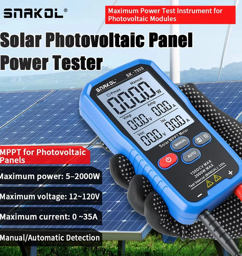 SK-705S Photovoltaic Power Tester 2000W 120V 3.2 Inch LCD Screen Auto Manual Range Back-Injection Protection Solar MPPT Meter
