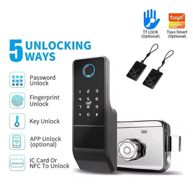 Tuya WiFi Fingerprint Gate Lock Outdoor TTlock Smart Door Lock with Digital IC Card Rim Lock for Home Garden Security