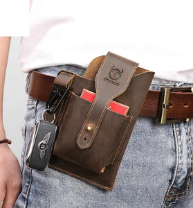 BULLCAPTAIN Genuine Leather Waist Bag for Men Belt Bag Packs 7inch Cell Phone Purse Waist Bag Wear Buckle Retro Belt Pack