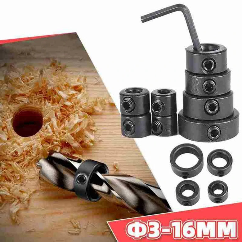 8pcs Woodworking Drill Locator 3-16mm Shaft Depth Stop Collars Ring Positioner Drill for Wood Drill With Hexagon Wrench Bit Tool