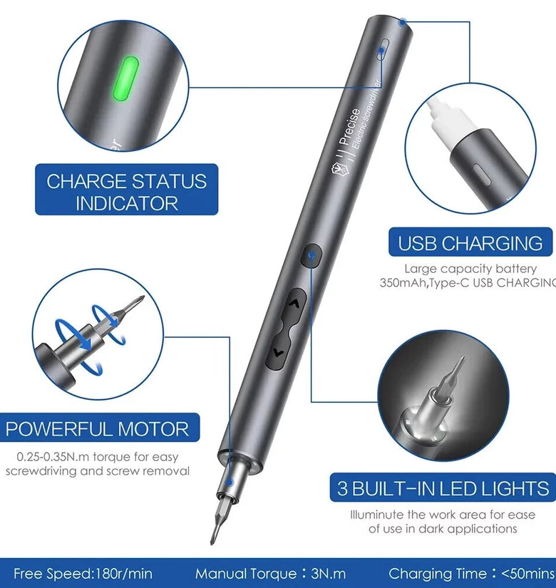 28pcs Rechargeable Electric Screwdriver Set Mini Precision Tool High Torque Magnetic Motor LED Lights Aluminum Shell Type-C Charging Cable