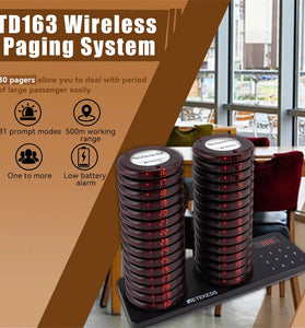 Retekess Restaurant Pager Wireless Calling System Vibrators Paging Device 20/30pcs Coaste Pager 500m Range IP33 Waterproof Keypad Touch 31 Prompt Modes