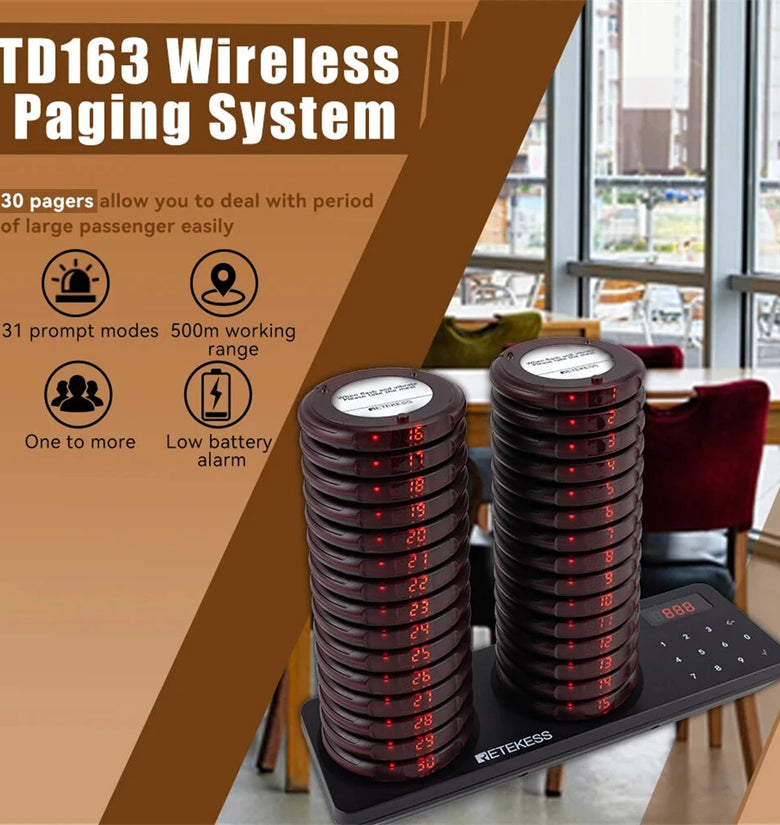 Retekess Restaurant Pager Wireless Calling System Vibrators Paging Device 20/30pcs Coaste Pager 500m Range IP33 Waterproof Keypad Touch 31 Prompt Modes