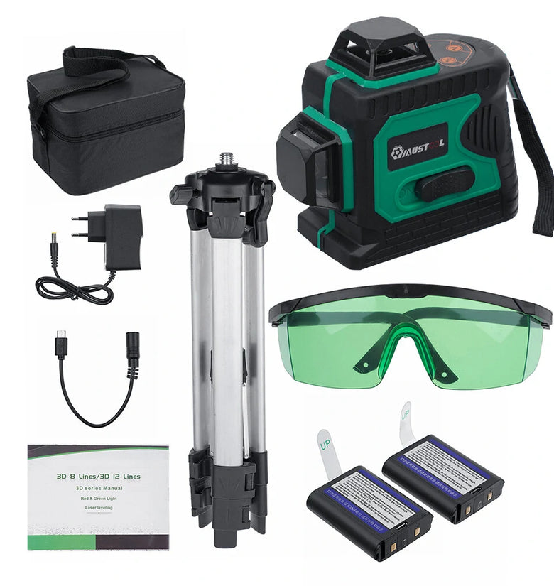 MUSTOOL 3D Green Auto Laser Level 12 Lines 360 Horizontal & Vertical Cross Build Tool Measuring Tools with 2 Batteries