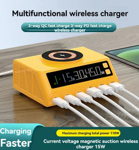 WLX-M9A 110W 6-Port USB PD Charger 3USB-A+3USB-C PD QC3.0 Fast Wireless Charging with Digital Display Desktop Charging Station EU Plug US Plug for iPhone 15 14 13 Pro for Samsung Galaxy Z Fold6 for Xiaomi Civi 4 Pro