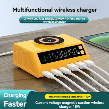 WLX-M9A 110W 6-Port USB PD Charger 3USB-A+3USB-C PD QC3.0 Fast Wireless Charging with Digital Display Desktop Charging Station EU Plug US Plug for iPhone 15 14 13 Pro for Samsung Galaxy Z Fold6 for Xiaomi Civi 4 Pro