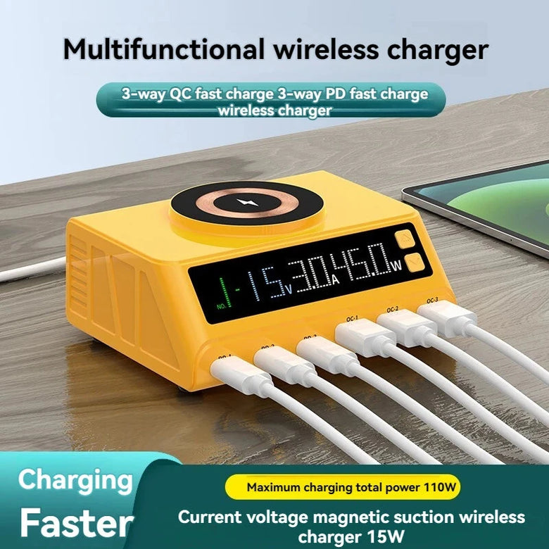 WLX-M9A 110W 6-Port USB PD Charger 3USB-A+3USB-C PD QC3.0 Fast Wireless Charging with Digital Display Desktop Charging Station EU Plug US Plug for iPhone 15 14 13 Pro for Samsung Galaxy Z Fold6 for Xiaomi Civi 4 Pro
