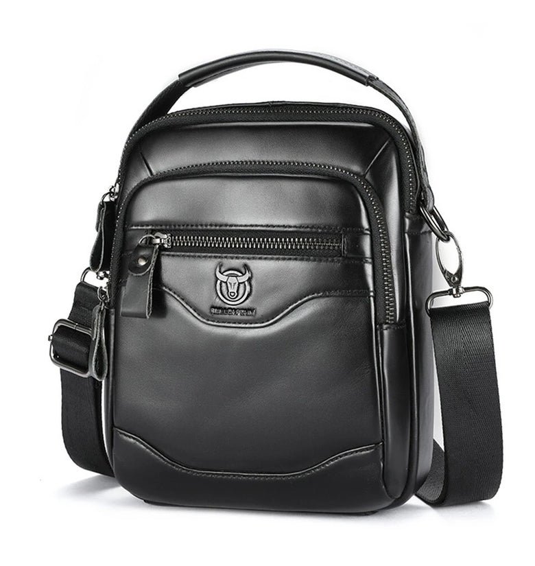 BULLCAPTAIN 8inch Cowhide Leather Men's Shoulder Bag Retro Fashion Cross Body Bag with Hand Band Multiple Zipper Pocket Capacity Business Casual Travel Messenger Bag