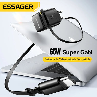 [GaN Tech] ESSAGER G652CE 65W 2-Port USB PD Charger Type-C+Type-C Retractable Cable Support PD3.0 QC4.0 PPS Fast Charging Wall Charger Adapter EU Plug US Plug for iPhone 16 16Pro 15 14 13 Pro Max for Huawei Mate XT for Xiaomi 15pro