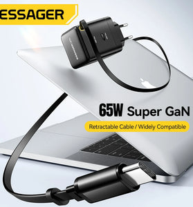 [GaN Tech] ESSAGER G652CE 65W 2-Port USB PD Charger Type-C+Type-C Retractable Cable Support PD3.0 QC4.0 PPS Fast Charging Wall Charger Adapter EU Plug US Plug for iPhone 16 16Pro 15 14 13 Pro Max for Huawei Mate XT for Xiaomi 15pro