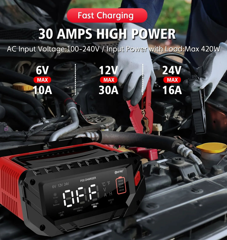 HTRC 6V 12V 24V 10A-30A Smart Repair Battery Maintainer Charger P30 Charging Charger for Car Motorcycle Boat Lead-Acid AGM Lithium LiFePo4 Battery