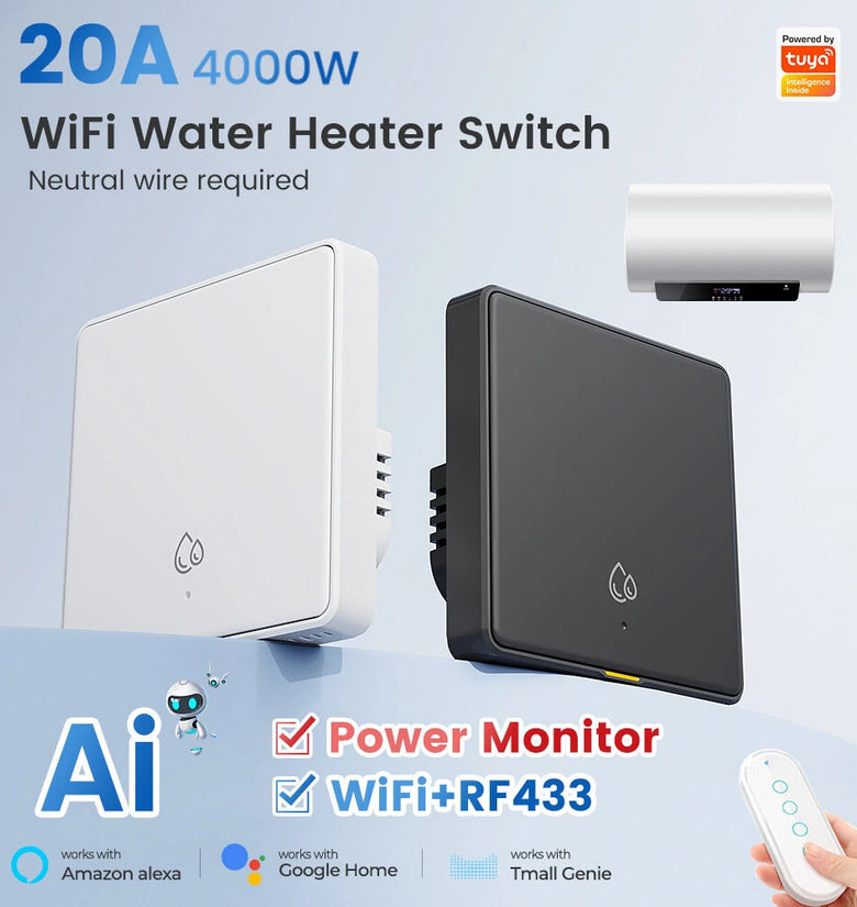 SMATRUL 20A 4000W WiFi RF433 Smart Switch For Hot Water Heater AI Assistant Tuya Wall Switch Power Monitor Voice & APP Remote Control Work With Alexa Google Home