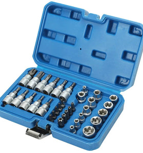 34PCS Torx Bit Socket and E-Torx Star Socket Set 1/4 3/8 1/2 Drive Chrome Vanadium Steel with Storage Case for Automotive and Repair