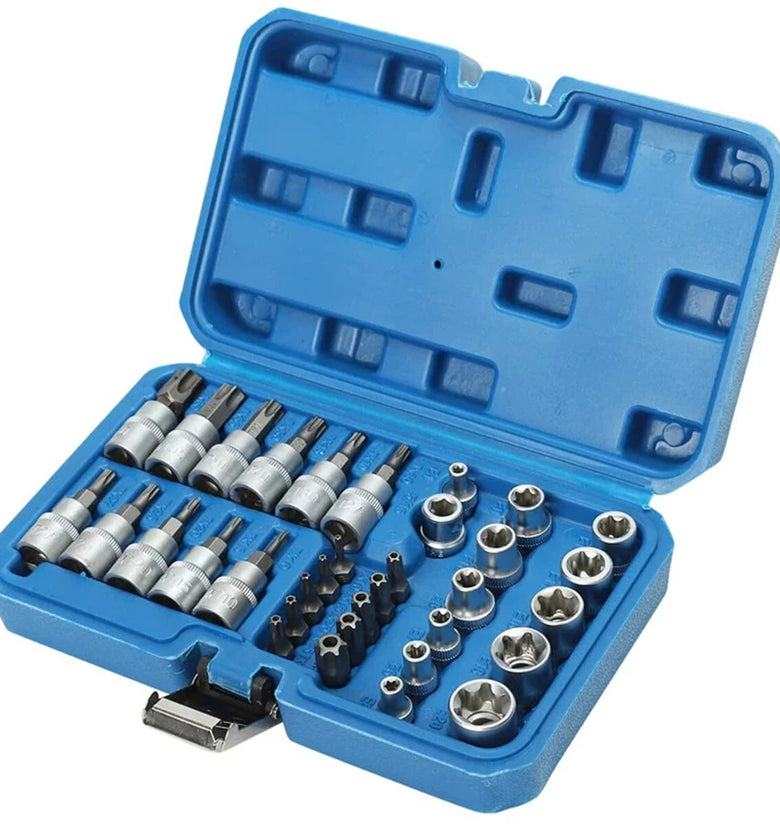34PCS Torx Bit Socket and E-Torx Star Socket Set 1/4 3/8 1/2 Drive Chrome Vanadium Steel with Storage Case for Automotive and Repair