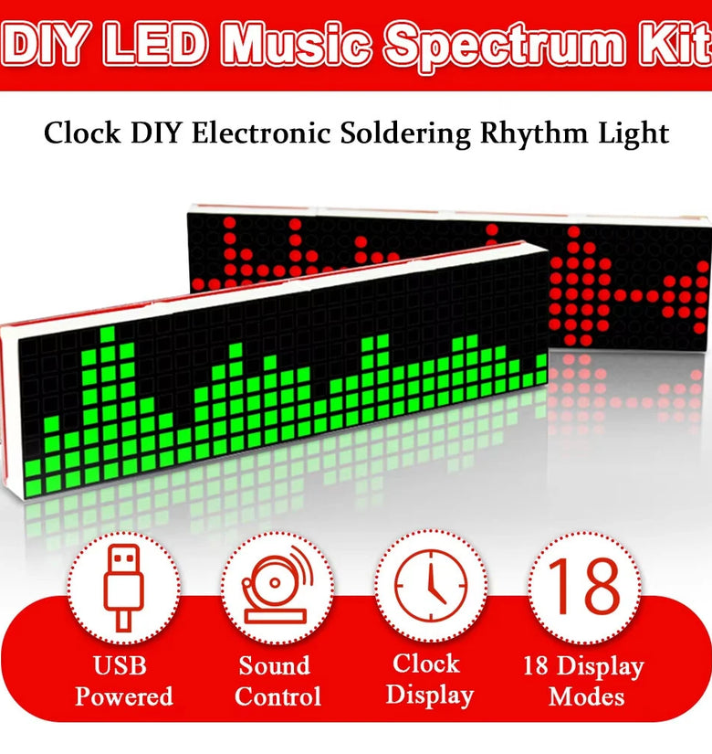 DIY LED Music Spectrum Kit DS1302 Dot Matrix Clock USB 18 Modes DIY Soldering Rhythm Light Electronic Time Display