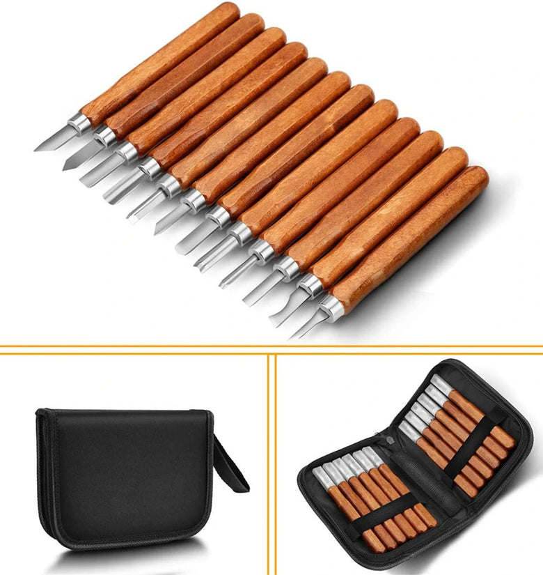 SK2 Carbon Steel 12-Piece Wood Carving Knife Set with Ergonomic Handles Ideal for Sculpting Whittling Crafts Beginners & Professional Woodworkers - All-in-one Kit in a Portable Canvas Bag