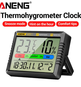 ANENG AP01 Hygrometer Clock Calendar Snooze Mode LCD Display Temperature Range -10~50C Humidity Range 10~99% Hourly Reminder Battery Operated for Home Office