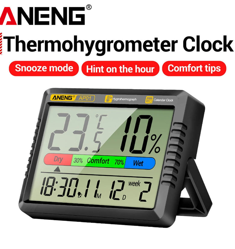ANENG AP01 Hygrometer Clock Calendar Snooze Mode LCD Display Temperature Range -10~50C Humidity Range 10~99% Hourly Reminder Battery Operated for Home Office