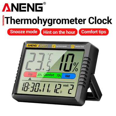 ANENG AP01 Hygrometer Clock Calendar Snooze Mode LCD Display Temperature Range -10~50C Humidity Range 10~99% Hourly Reminder Battery Operated for Home Office