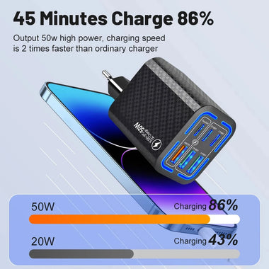 BK320-3A3C PD50W 6-Port USB PD Charger 3USB-A+3USB-C PD3.0 QC4.0/3.0/2.0 FCP Fast Charging Wall Charger Adapter EU Plug US Plug for iPhone 16 16 Pro 15 14 13 Pro Max for Huawei Pura X for Samsung Galaxy S25 Ultra