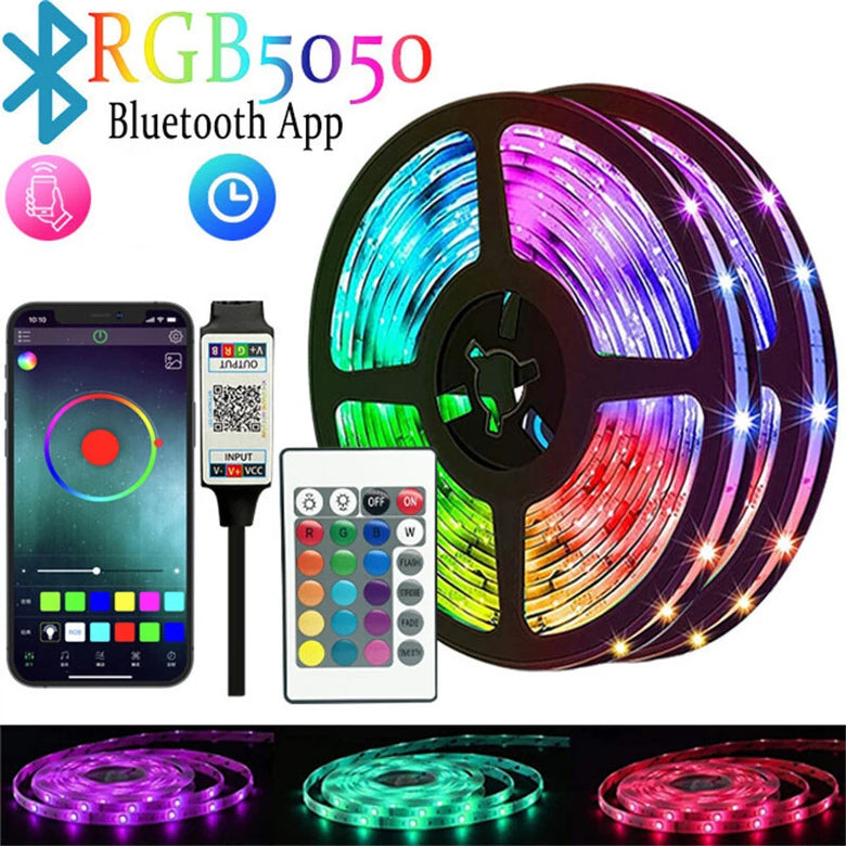 Elfeland RGB LED Strip Kit 5050 Bluetooth Remote Control 5V 30 LEDs/m Adhesive Flexible Cuttable Strip Lights IP20 for Home Decor 1m 2m 5m 10m