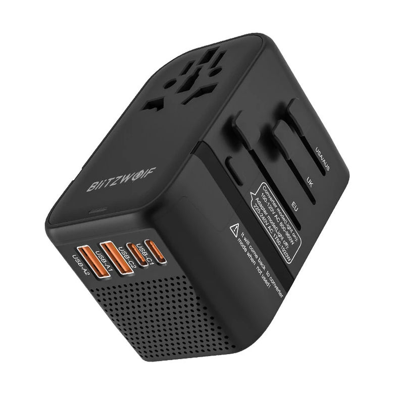 BlitzWolf BW-TA3 Universal Travel Adapter with 4 AC Outlet 2 USB-C 2 USB-A Ports International Travel Plug 220V to 110V Step-Down Power Voltage Converter for EU UK US AUS